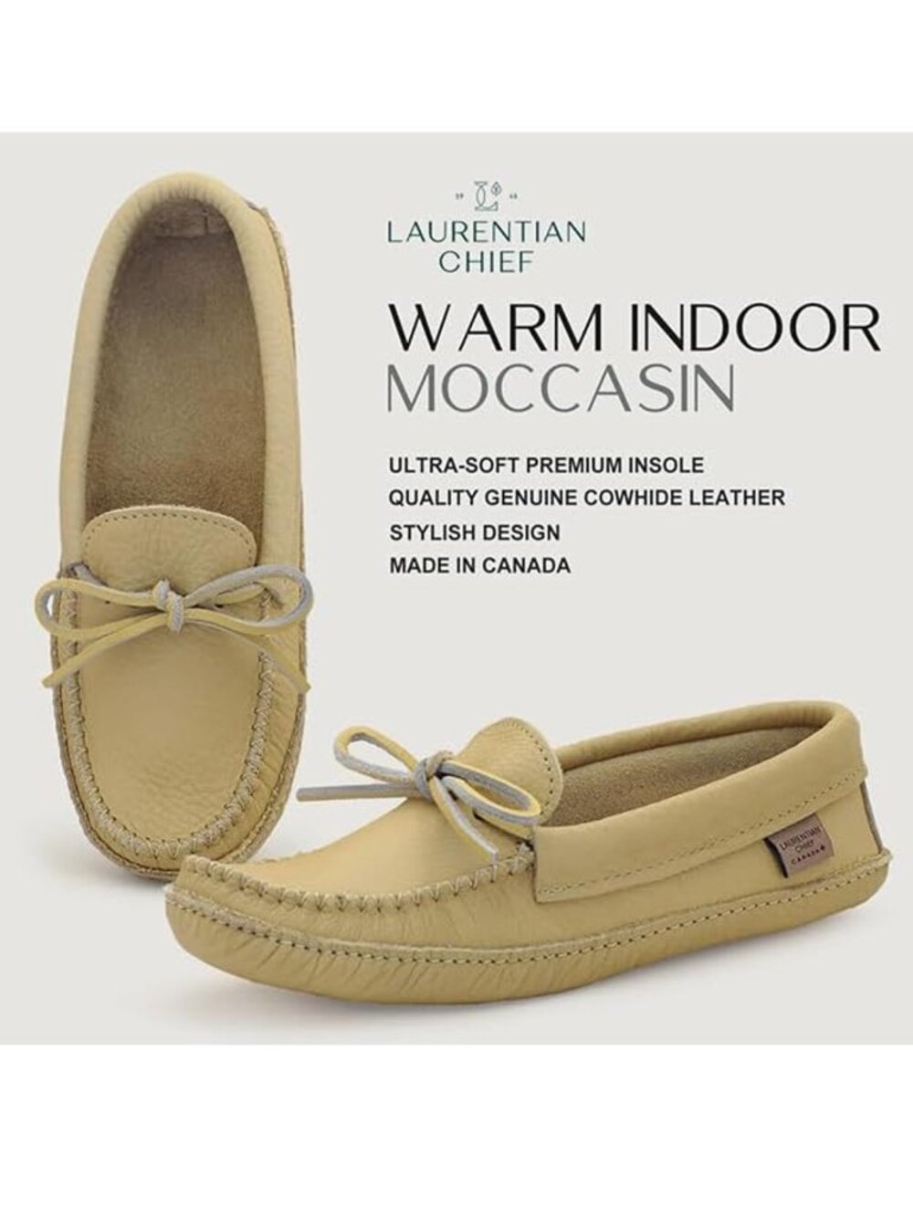 New Laurentian Chief Natural Cowhide Moccasins Size 7